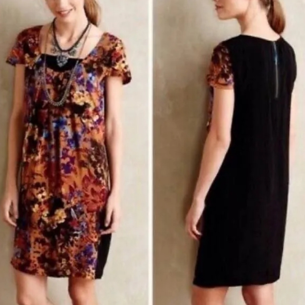 MAEVE Anthropologie Size Small Brown Floral Silk Short Sleeve Sheath Mini Dress